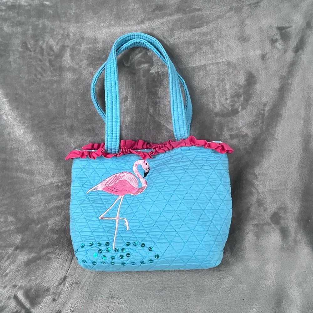 Quilted Tote Bag Embroidered‎ Pink Flamingo Sequined Detail Ruffle Trim Beachy